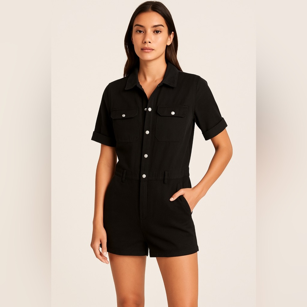 FRAME Utility Romper – Black Short Sleeve Button Front – Size M